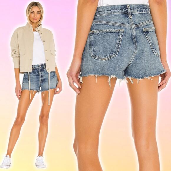 AGOLDE Parker Button Fly Raw Cut Denim Short Size 22 Swapmeet Dark